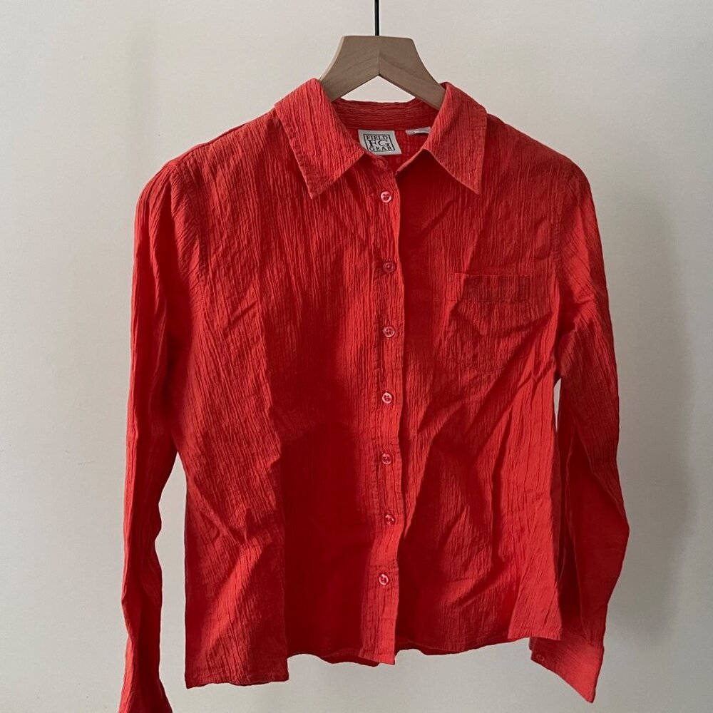 Field FG Gear Womens Red Crinkle Button-Up Shirt M Cotton Blend